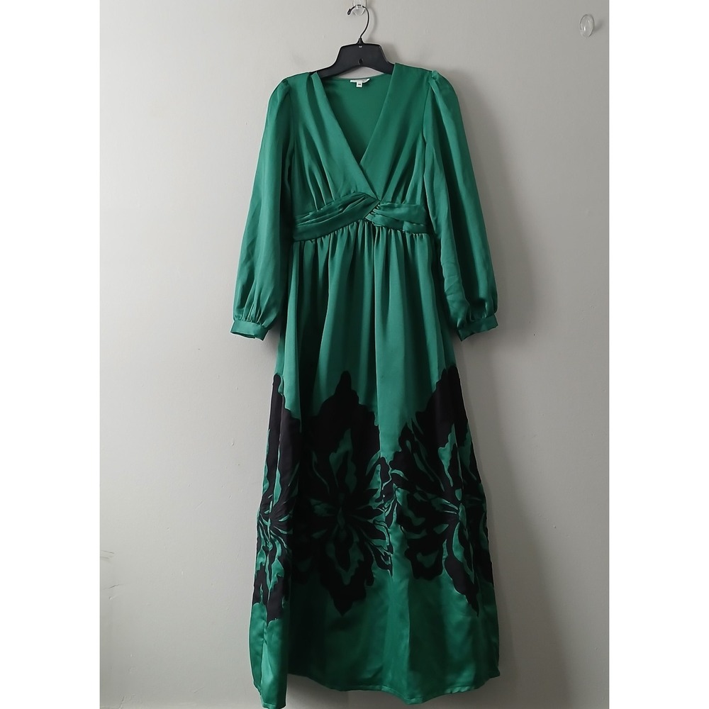 Anthropologie Nikasha Size XXS Dress Emerald‎ Green Satin Embroidered V-Neck